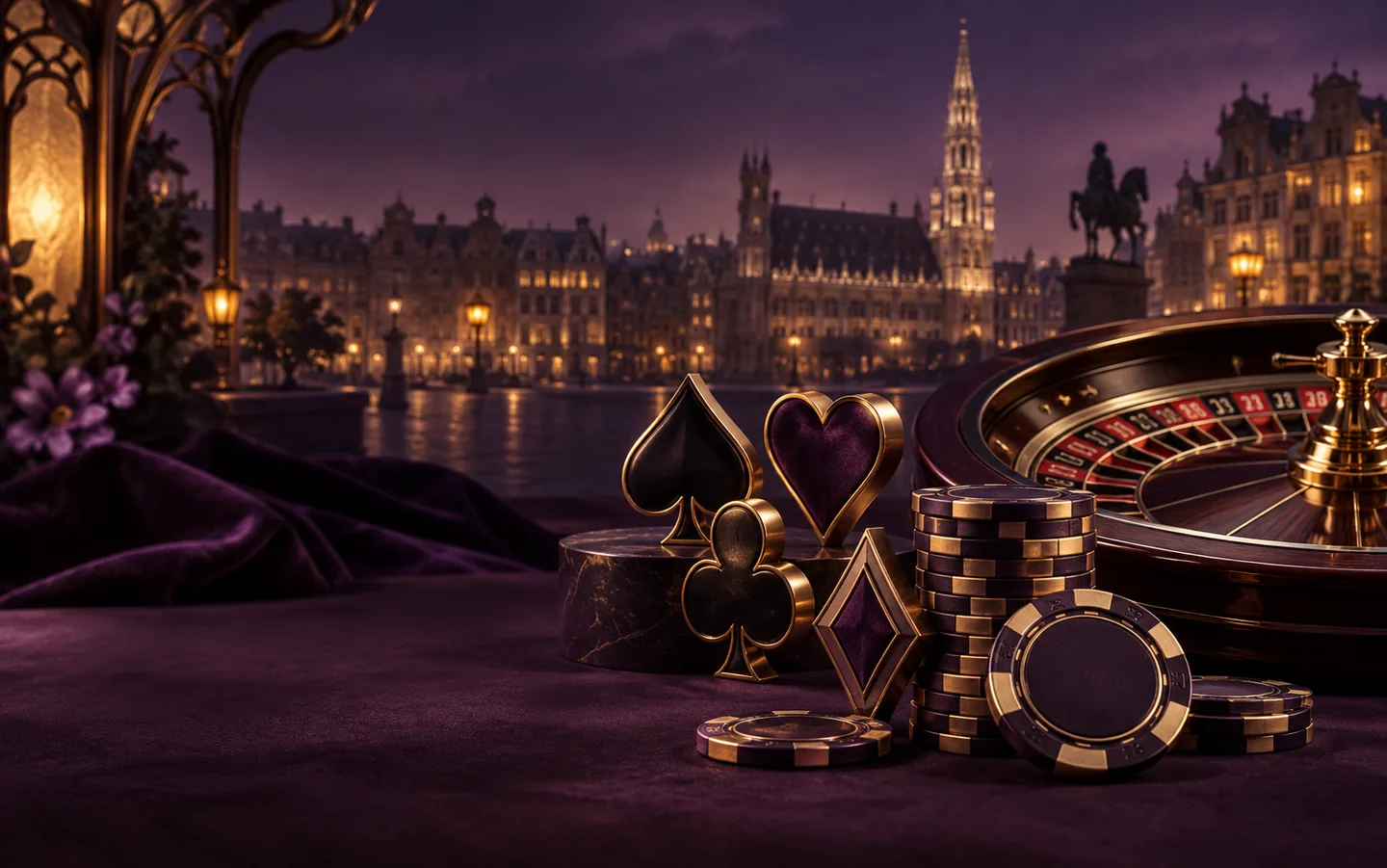 Illustration créative : Bruxelles nocturne, roulette et jetons — geen echte locatie-foto